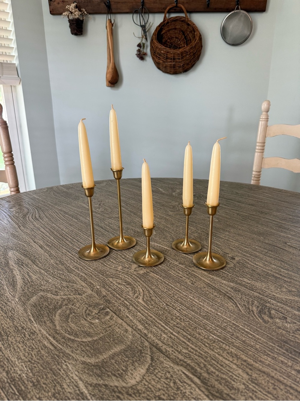 Brass Taper Candle Holders with Candles - Set of 6